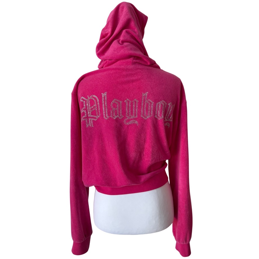 Playboy Pink Velour Zip Up Hoodie Rhinestone Bunny Y2K McBling Small